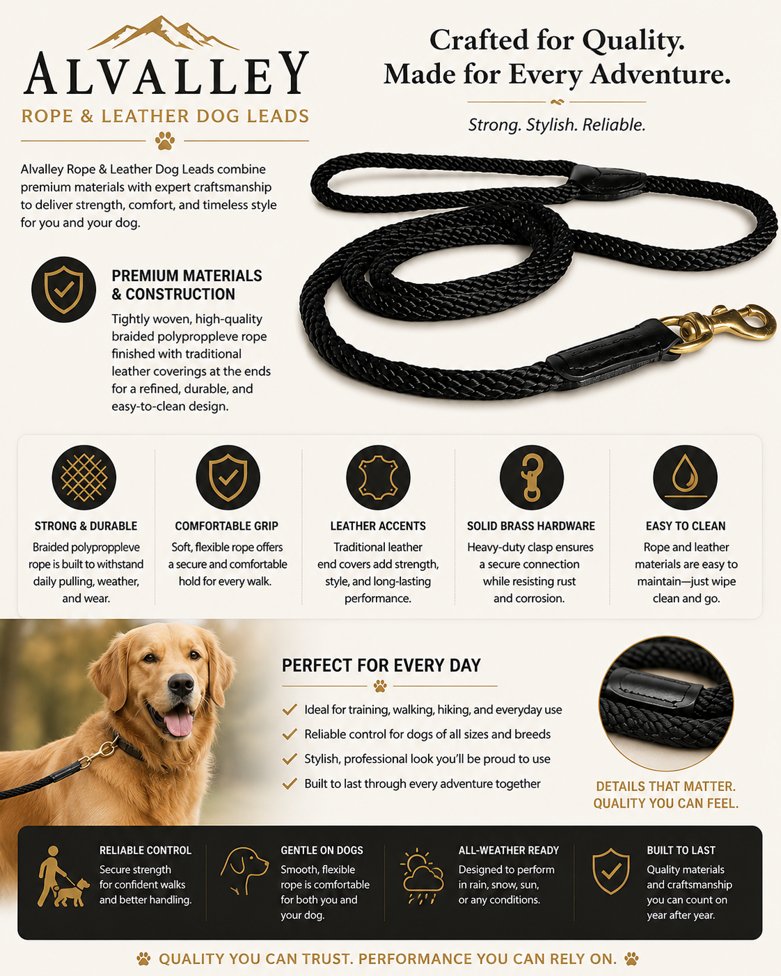 Rope and Leather Snap Lead (6ft x 3/4 in)