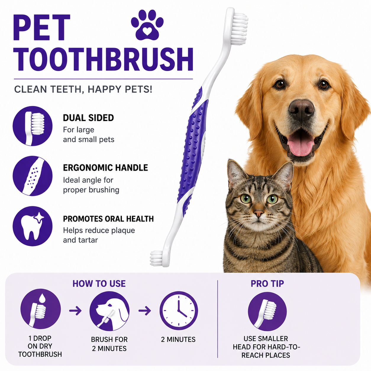Professional Pet Toothbrush - Patented 45 Degree Dual-Ended Brush Head