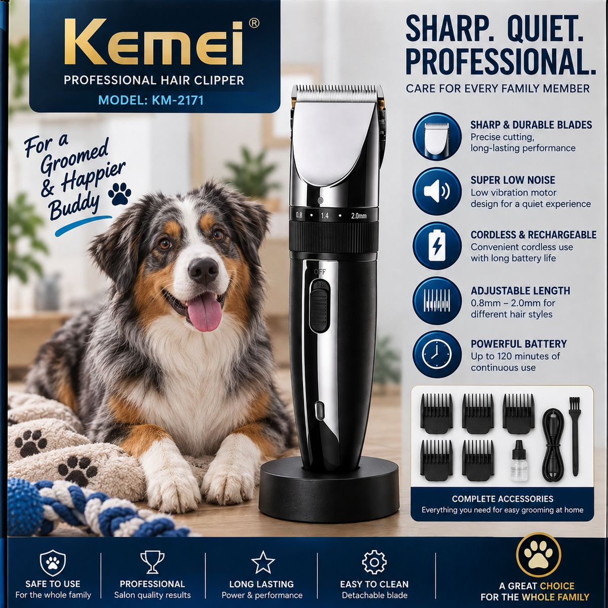 Professional Dog Pet Grooming Hair Trimming Cutting Clippers Rechargeable Excellent Kemei Brand