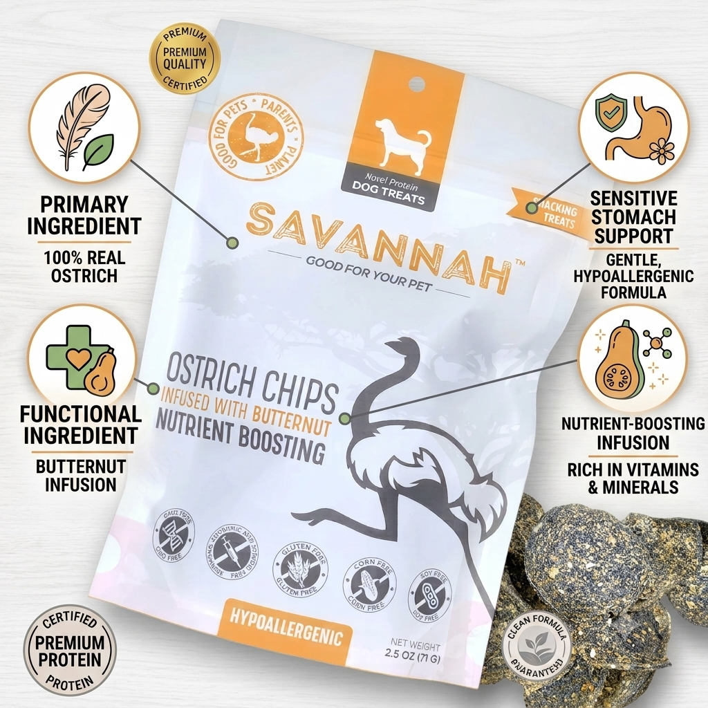 Ostrich Chips with Butternut : The Flavorful, Hypoallergenic Treat for Dogs with Sensitive Stomachs