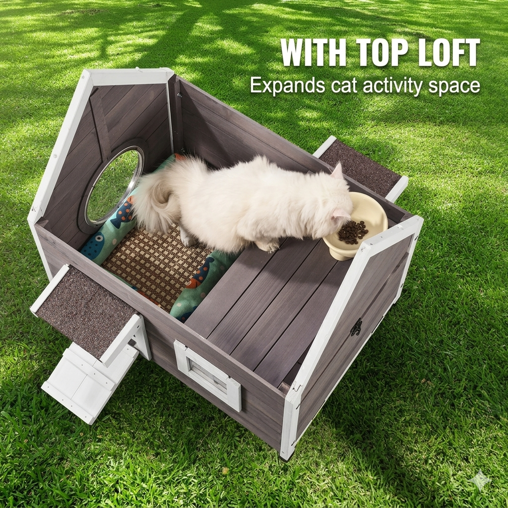 Wooden Feral Cat Shelter with Roof Door Flaps & Window
